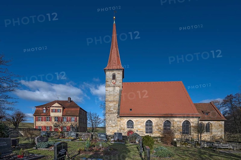St Egidien Church with the historic vicarage from 1734, Beerbach, Middle Franconia, Bavaria, Germany, Europe
