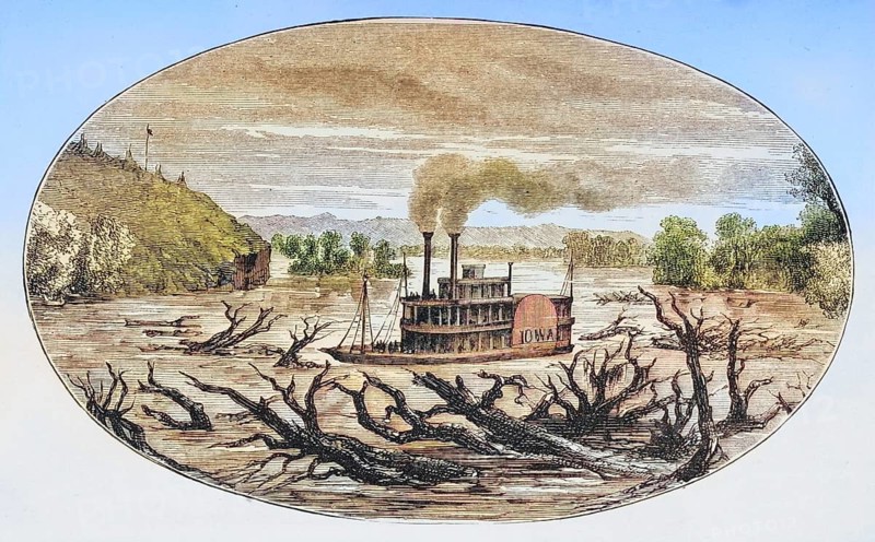 Paddlewheel steamboat on the upper Missouri in the 1870s. From American Pictures Drawn With Pen And Pencil by Rev Samuel Manning c. 1880, United States, America, Historic, digitally restored reproduction from a 19th century original, Record date not stated, North America