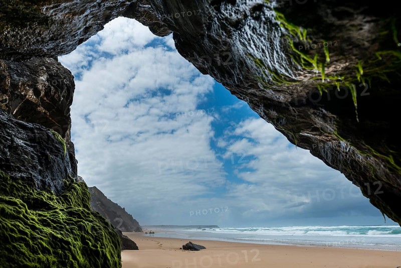 Rocky beach landscape, rocks, sea, Atlantic coast, rocky coast, beach, rock formation, cave, algae, green, natural landscape, travel, nature, Southern Europe, Carrapateira, Algarve, Portugal, Europe