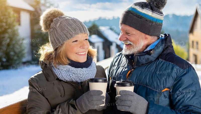 AI generated, human, humans, person, persons, woman, woman, two persons, 60, 65, years, seniors, senior couple, couple, coffee, coffee mug, coffee to go, man, senior, outdoor, ice, snow, winter, seasons, drinks, drinking, cap, bobble hat, gloves, winter jacket, cold, cold, portrait