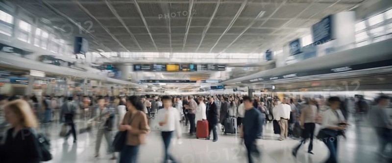 Busy airport scene with motion blur showing hurried travelers and modern architecture, horizontal wide aspect ratio, daylight, AI generated