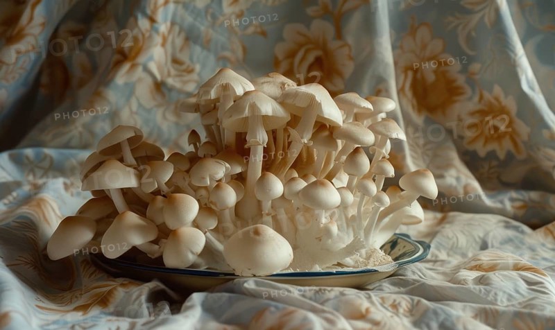 Bunch of white shimeji mushrooms on a saucer AI generated