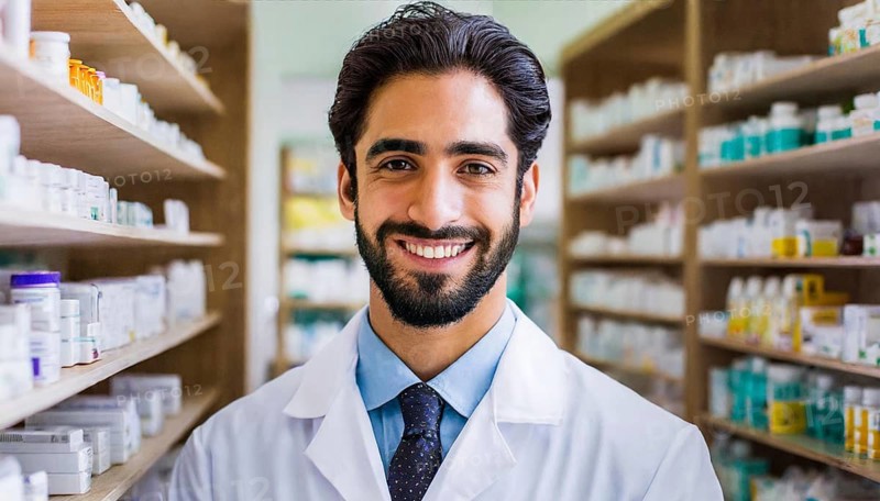 AI generated, A young pharmacist in his pharmacy, portrait, 30, 35, years, man, men, male, bearded, beautiful teeth, smiling, profession, professions, medicines in the background, a person