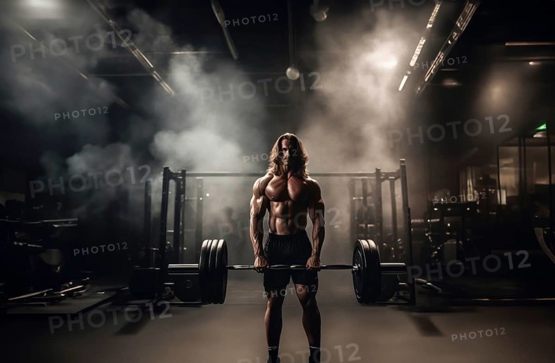 A pumped up muscular bodybuilder is working out with a barbell in the gym in the dark, AI generated
