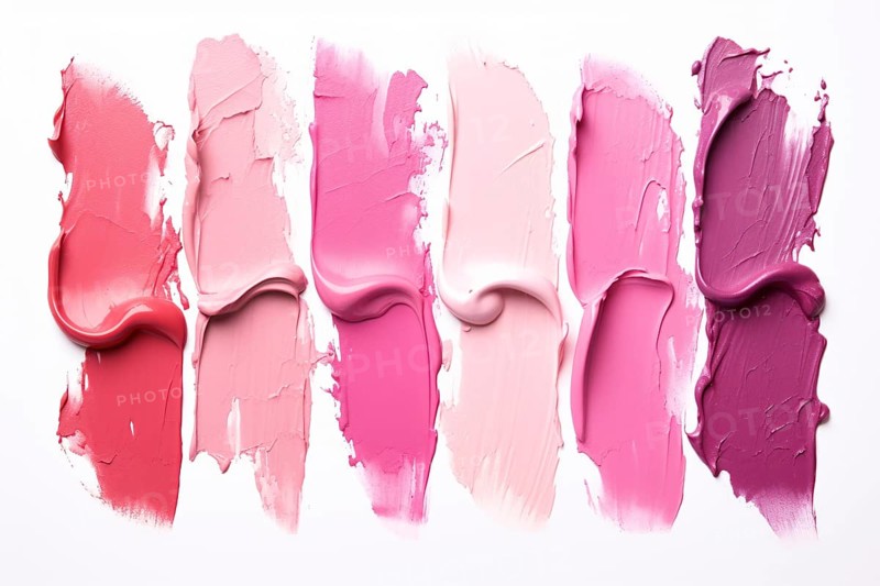 Swatches of different colors of lipsticks or blushers on white background. KI generiert, generiert AI generated