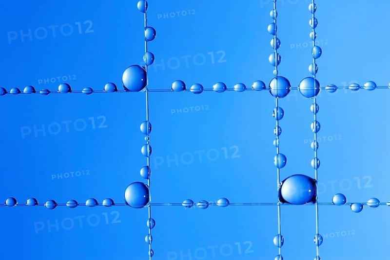 Small blue water droplets hang on fishing line