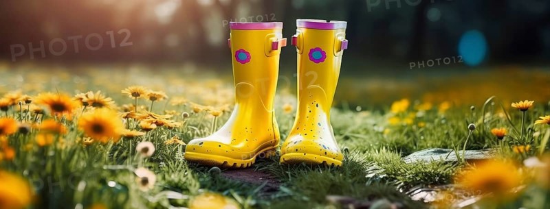 Yellow rubber boots among daisies on wet ground, suggestive of a sunny day after rain, Spring garden background illustration, generated ai, AI generated