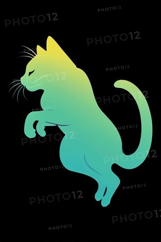 Simple art of a cat's jumping silhouette with a gradient from green to teal, minimalist vintage design muted faded, bright background, AI Generated, AI generated
