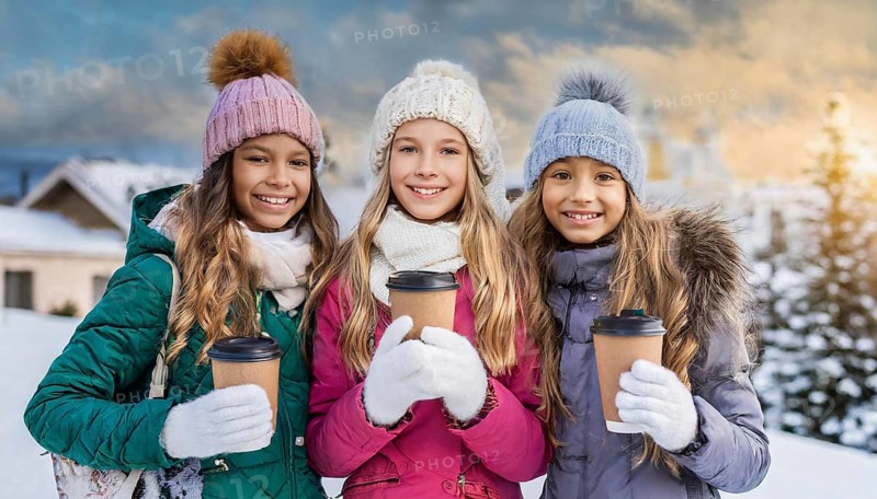 AI generated, human, humans, person, persons, woman, woman, three persons, coffee, coffee mug, coffee to go, outdoor shot, ice, snow, winter, seasons, drinks, drinking, cap, bobble hat, gloves, winter jacket, cold, cold, portrait