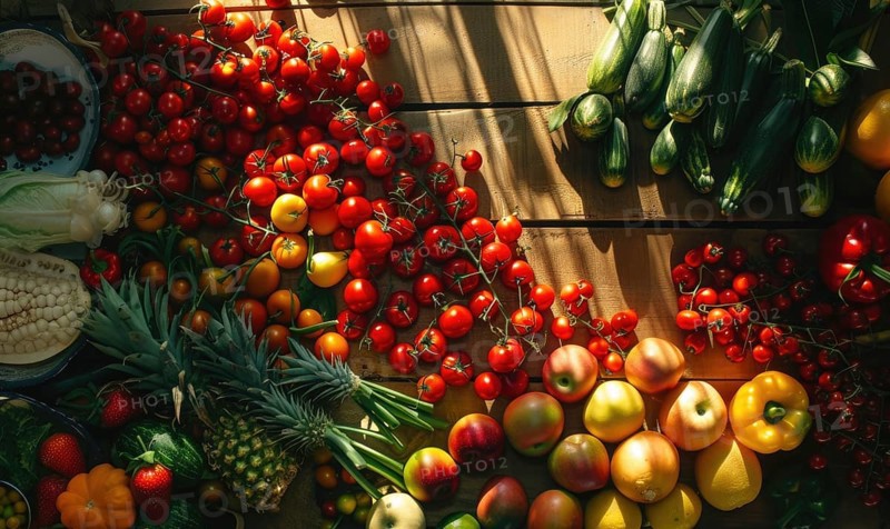 Vegetables on a wooden background. Healthy food concept. Top view. AI generated
