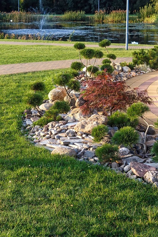 Elements of modern landscaping near restaurants. Druskininkai. Lithuania. Ornamental stone, conifers