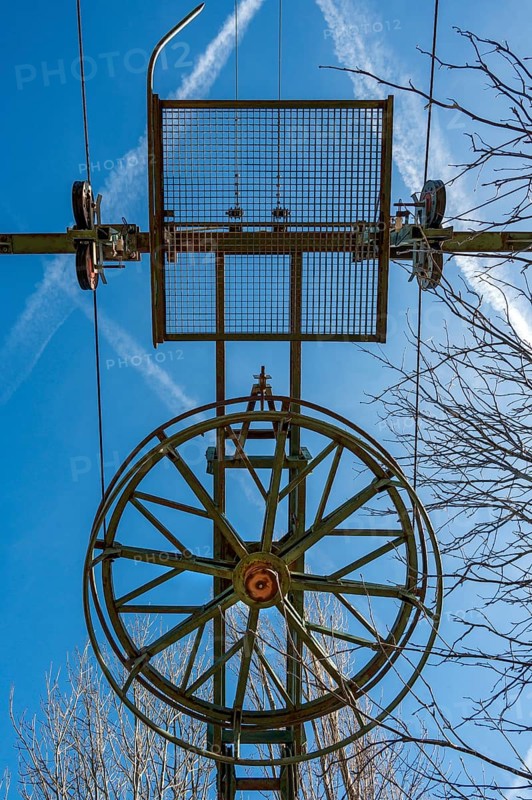 Large wheel on the end mast of a disused ski lift on the Buchenberg, Buchenberg, Allgaeu, Bavaria, Germany, Europe