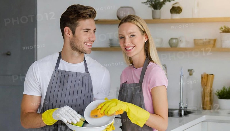AI generated, woman, woman, man, men, 30, 35, blonde, blond, blonde, kitchen, sink, kitchen table, dishes, washing up, washing dishes, plates, cups, glasses, dishcloth, gloves, cleaning, water, polishing cloth, polishing, clean, cleanliness, housewife, mother, family, two people