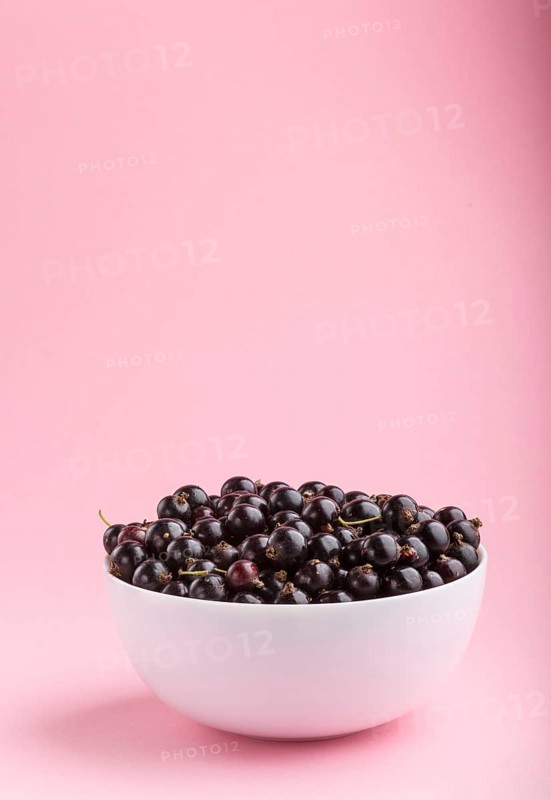 Fresh black currant in white bowl on pink background. side view, copy space