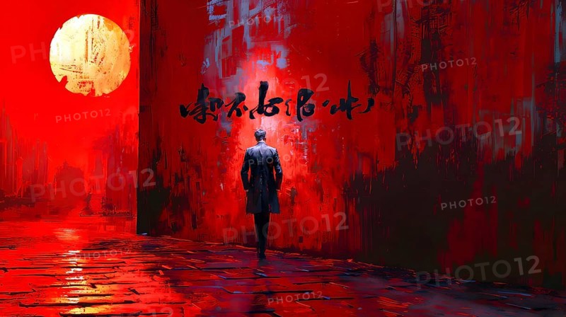 A scene in Hong Kong with a large sun standing over the harbour, in front of it a single pedestrian walking along a red painted wall with black Chinese characters, AI generated, AI generated