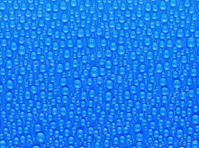 Many water drops on a blue surface, a smiley face is reflected in every drop