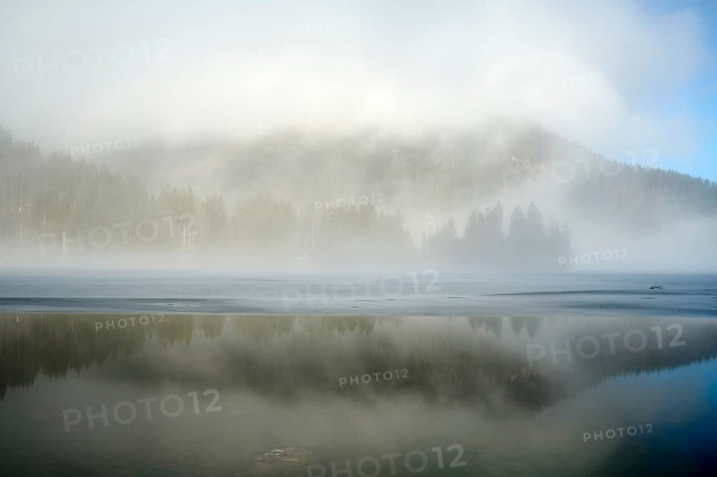 Spitzingsee in winter, ice, Brecherspitze in clouds, Mangfall mountains, Bavarian Prealps, Upper Bavaria, Bavaria, Germany, Europe