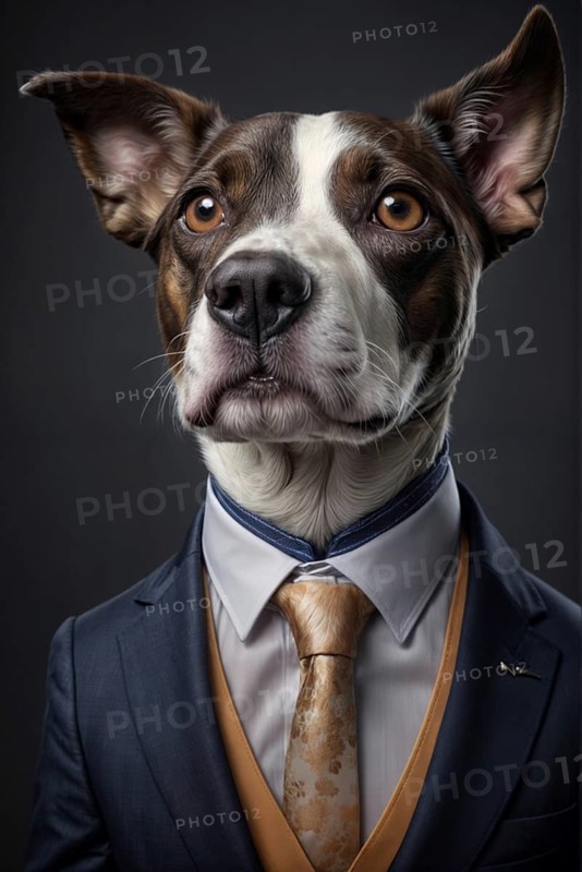 A dog in a formal suit and tie portrays a humorous anthropomorphic character, over grey solid studio background, AI generated