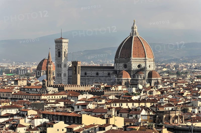 City panorama with Santa Maria del Fiore Cathedral, view from Monte alle Croci, Florence, Tuscany, Italy, Europe