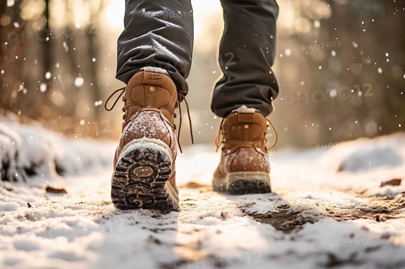 Back view of man's feet in hiking boots in snow. KI generiert, generiert AI generated