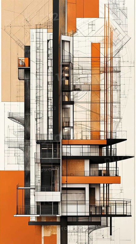 Colorful architectural drawing of a building section with orange background, vertical aspect ratio, offwhite background color, AI generated