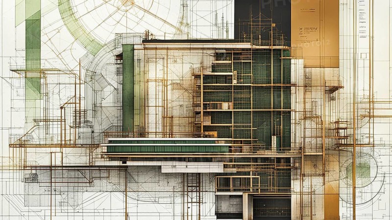 Technical illustration of a modern building with green and beige overlay palette, horizontal aspect ratio, off white background color, AI generated