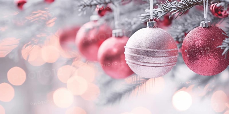 Beautiful frosted pink and silver Christmas tree baubles on tree with snow. KI generiert, generiert AI generated
