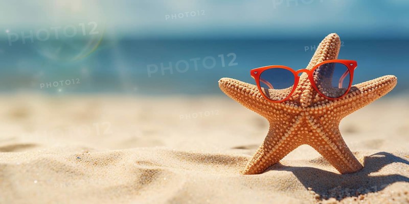 Banner with funny starfish with red sunglasses on sandy beach with ocean in background. KI generiert, generiert AI generated