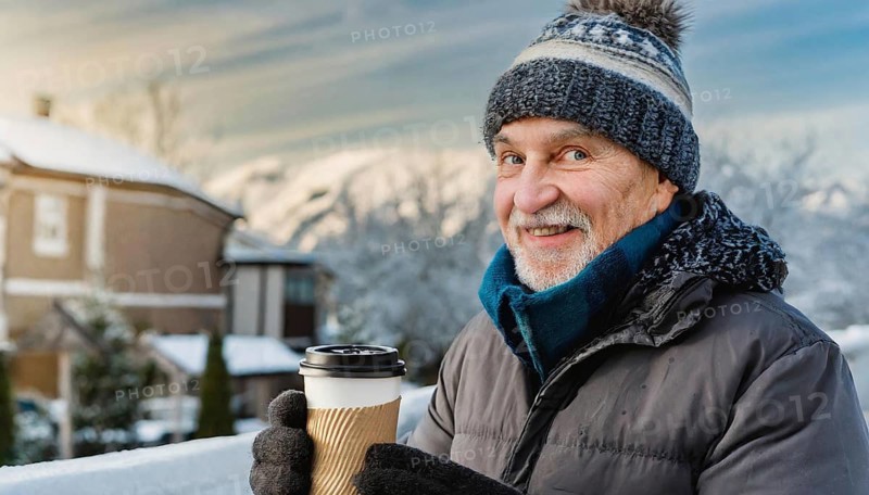 AI generated, human, humans, person, persons, man, 65, years, senior, seniors, one person, outdoor, ice, snow, winter, seasons, drinks, drinking, coffee to go, coffee, coffee mug, cap, bobble hat, gloves, winter jacket, cold, coldness
