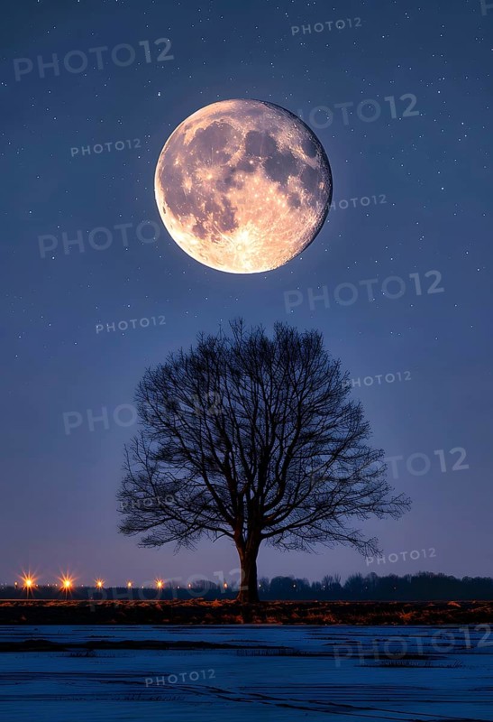 The full moon stands very large and bright between, in the star-studded night sky and illuminates a rural landscape with a single tree, AI generated, AI generated