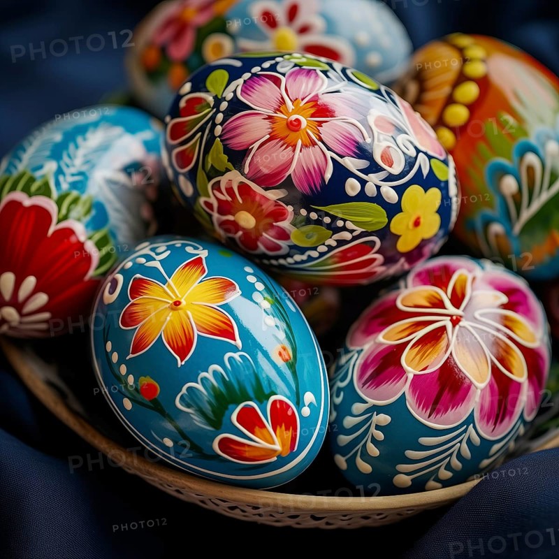 Easter celebration, featuring close up of a collection of brightly colored eggs, each intricately painted with various patterns and designs, placed in a wicker basket, AI generated