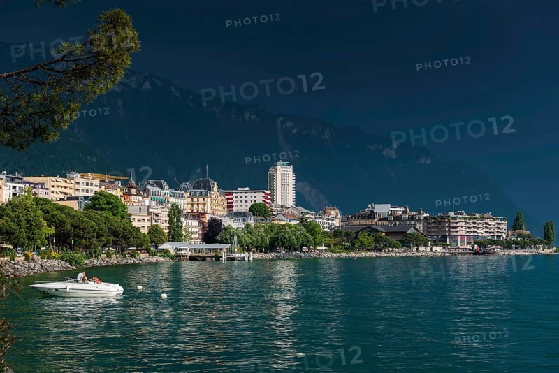 Lake Geneva promenade, thunderstorm, summer, rain, dramatic, dark sky, weather, palm tree, climate, travel, holiday, Alps, Montreux, Vaud, Switzerland, Europe