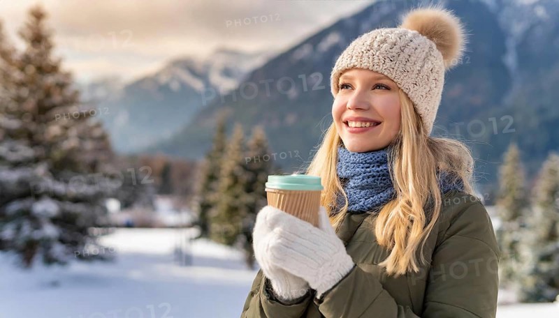 AI generated, human, humans, person, persons, woman, woman, one, coffee, coffee cup, coffee to go, outdoor, ice, snow, winter, seasons, drinks, drinking, cap, bobble hat, gloves, winter jacket, cold, cold weather