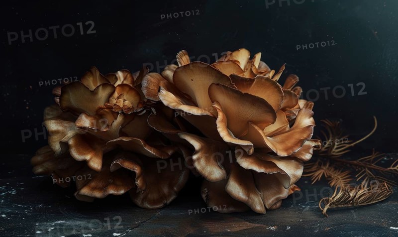 Mushroom Pleurotus ostreatus on dark background. AI generated