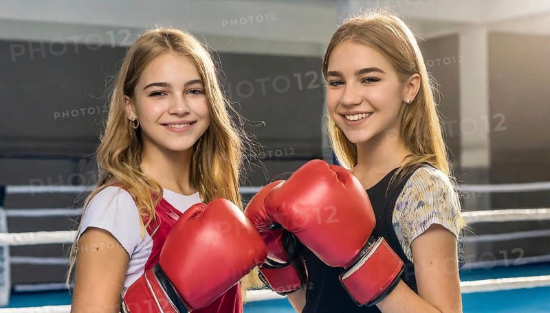 AI generated, girl, 15, years, Thai, Thai, sport, boxing, gloves, Thai boxing, Muay Thai, two people, portrait, athletic, fight, fighting, popular sport, Thai boxer, boxing, boxing ring, blond, blonde, blonde, European
