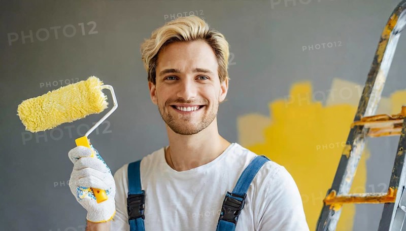AI generated, man, men, a painter paints a wall with new yellow paint, father, renovation of old flat, paint roller, ladder, yellow, paint, 25, 30, years, a, person, occupation, occupations, leisure activity, family, smiles, smiling, fun at work, laughing, laughing, laughing, friend, partner, man