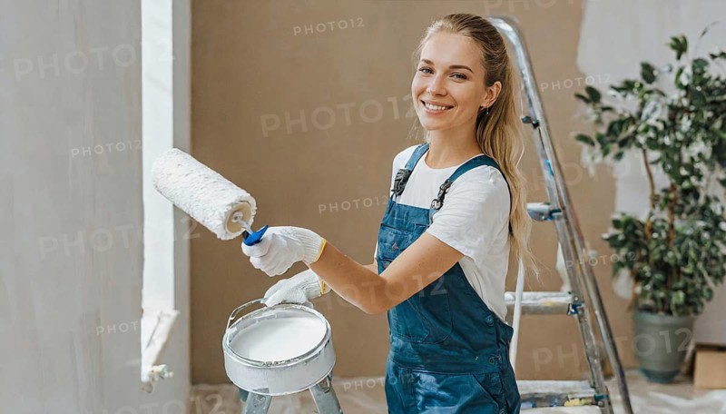 AI generated, woman, woman, a young girl paints a wall with new paint, white, whiter, white, renovation of old flat, paint roller, ladder, paint, 20, 25, years, a, a person, daughter, student, pastime, family, girl, smiling, smiling, fun at work, laughing, laughing, laughing, dungarees, jeans