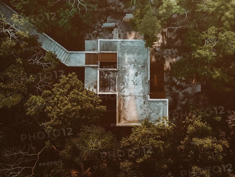 Aerial view of a secluded building among dense greenery in a forest setting, Playa del Carmen beach in Mexico, AI generated