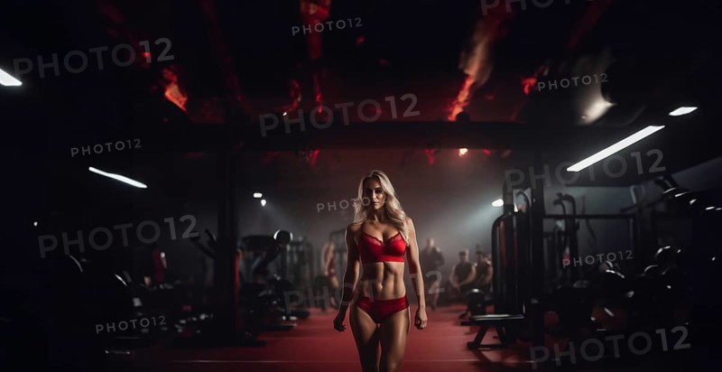 Sexy woman in lingerie in the gym, the concept of sexualization of women and the problem of harassment, AI generated