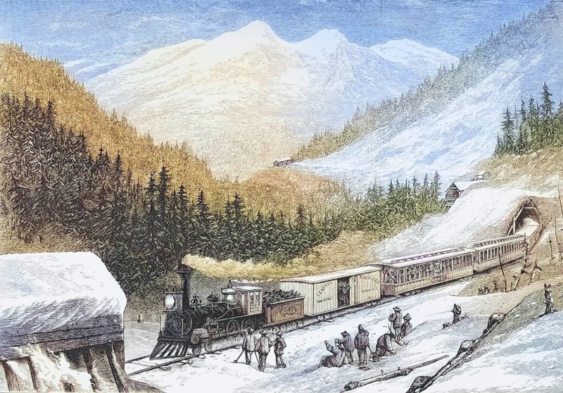 Steam train with US mail through the Sierra Nevada in the 1870s. From American Pictures Drawn With Pen And Pencil by Rev Samuel Manning c. 1880, United States, America, Historical, digitally restored reproduction from a 19th century original, Record date not stated, North America