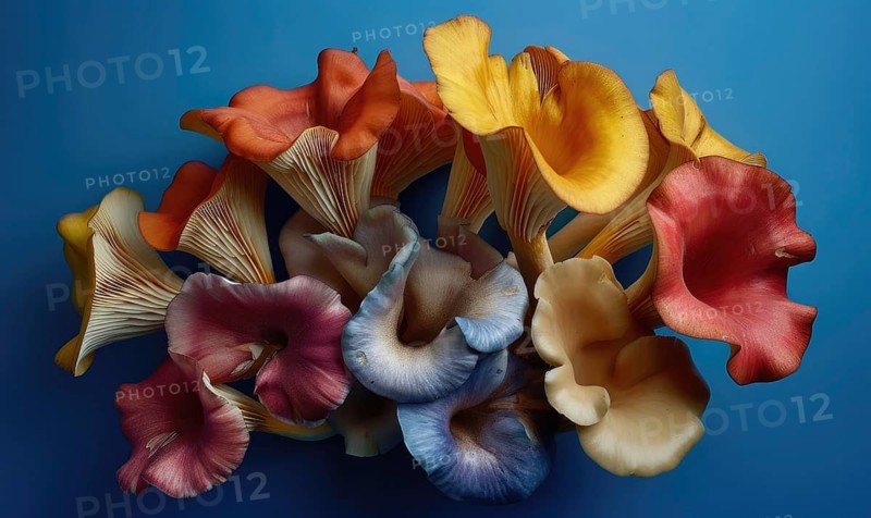 Mushroom chanterelle on blue background, top view AI generated