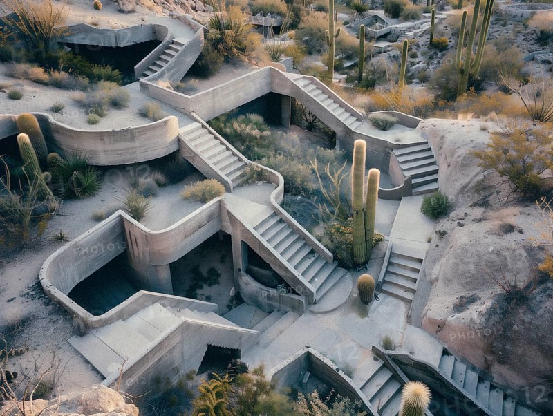 An aerial view of curved concrete pathways amidst desert flora in the tranquil light of dusk, Stairs in the desert in Mexico, AI generated