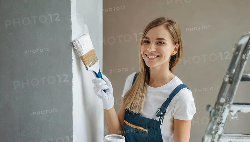 AI generated, woman, woman, a young girl paints a wall with new paint, white, white, renovation of old flat, paint roller, ladder, paint, 20, 25, years, one, one person, daughter, student, pastime, family, girl, smiling, smiling, fun at work, laughing, laughing, laughing, dungarees, jeans