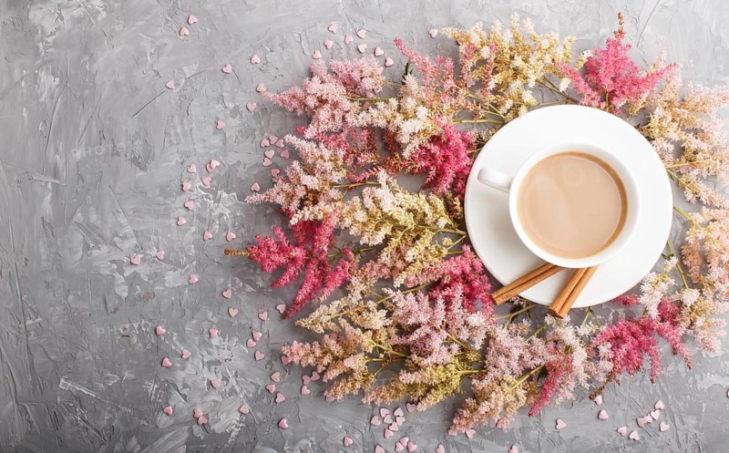 Pink and red astilbe flowers and a cup of coffee on a gray concrete background. Morninig, spring, fashion composition. Flat lay, top view, copy space