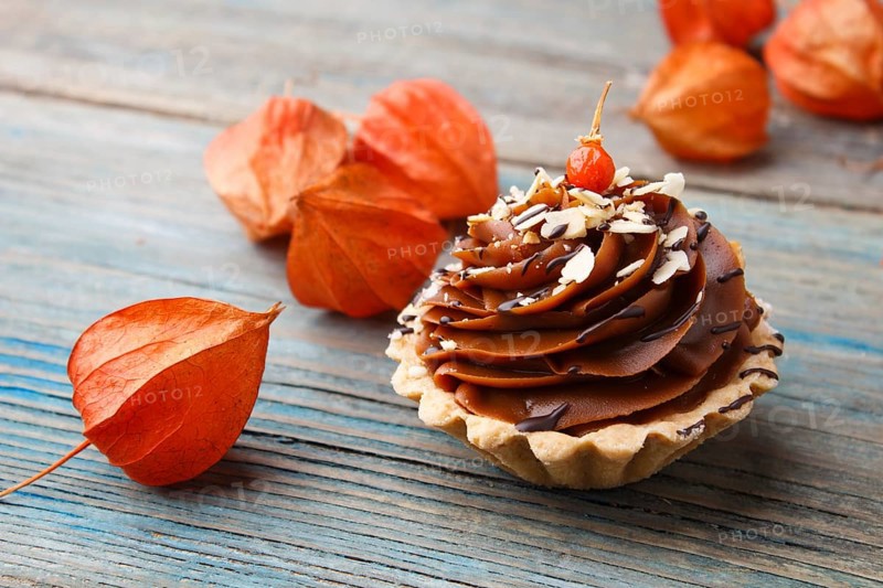 Sweet waffle, cake with cream and red physalis on a rustic blue wooden background