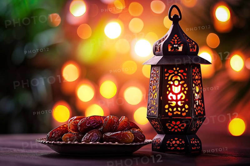 Ramadan lantern with a plate of succulent figs on bokeh background, set on an ornate table with intricate designs, evoking the rich traditions and serene moments of the holy month, AI generated