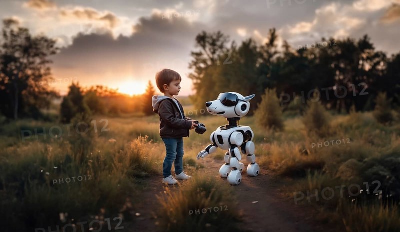Child in VR glasses with a robot dog in nature. The concept of robotics in children's lives, AI generated