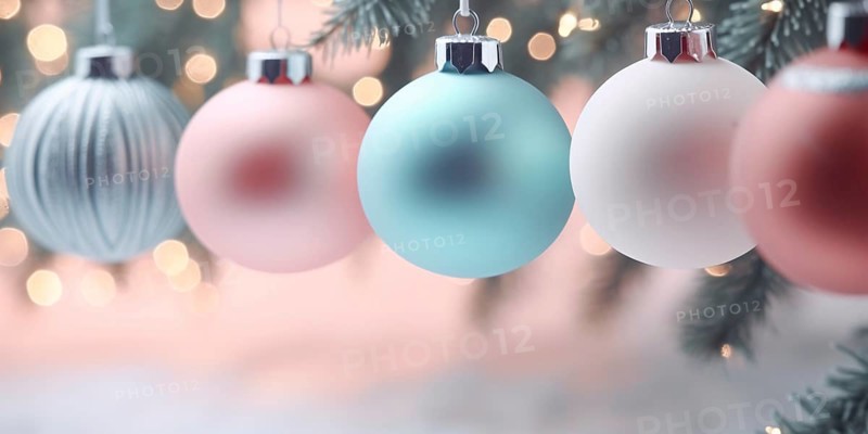 Pastel colored Christmas tree baubles in a row. KI generiert, generiert AI generated