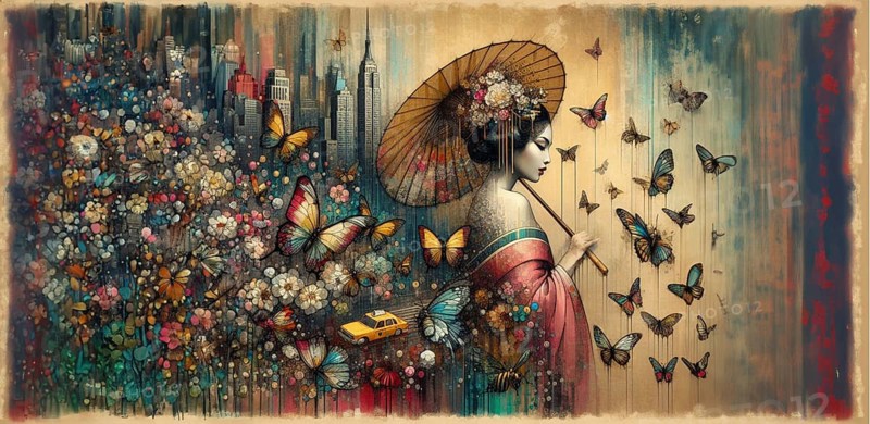 A richly colored scene portraying a geisha among flowers and butterflies with a vintage taxi, shunga vintage japanese themed style art, AI generated