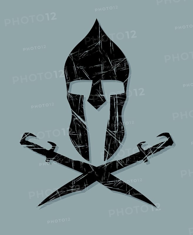 Spartan warrior and swords symbol, vector grunge effect